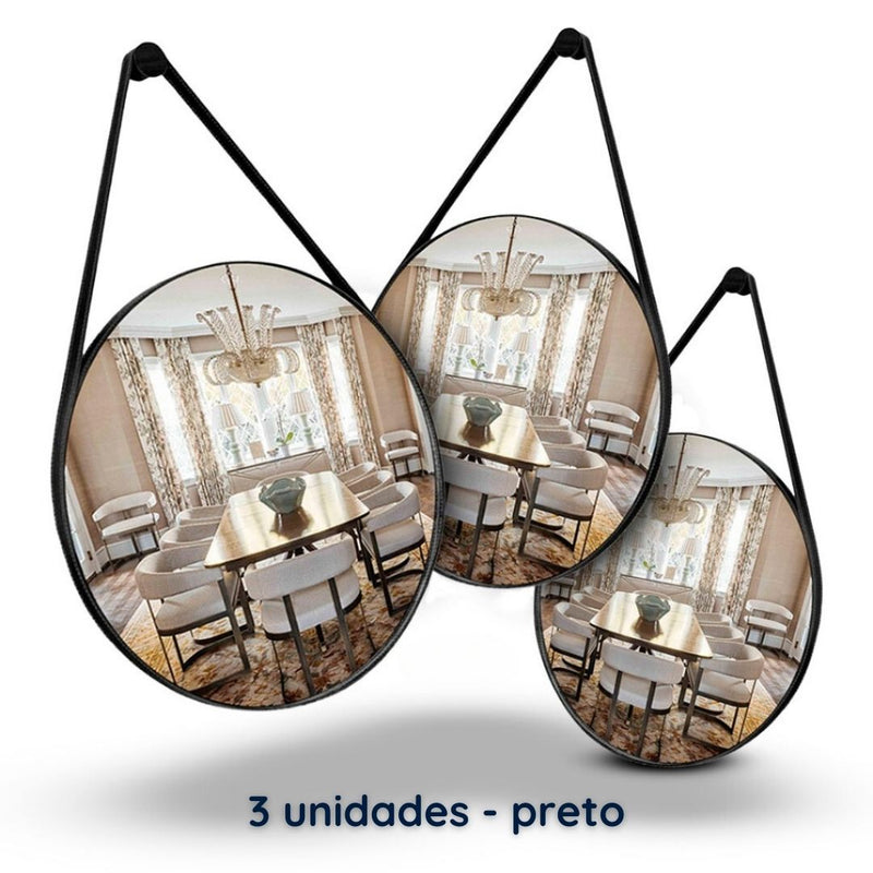 Espelho Redondo Decorativo Com Costura Para Parede Com Alça - 30 cm de diâmetro