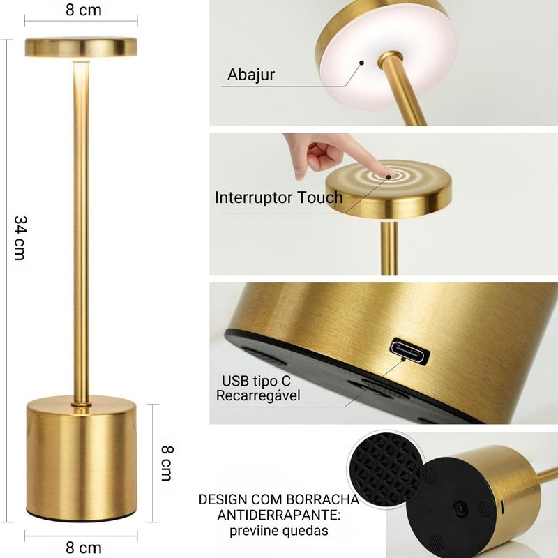 Luminária de Mesa LED Recarregável com Controle Touch – Três Cores e Luz Ambiente Criativa