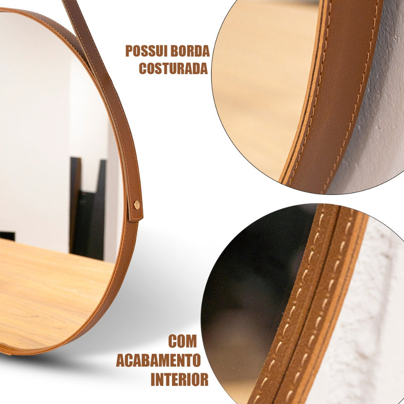 Espelho Redondo Decorativo Com Costura Para Parede Com Alça - 30 cm de diâmetro