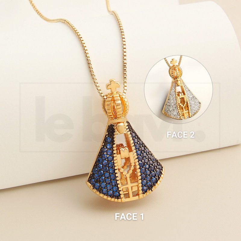 Colar Nossa Senhora Aparecida Dupla Face Folhado a Ouro 18K