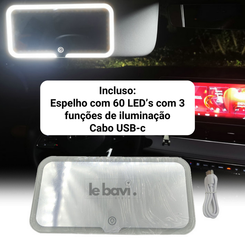 LuxGlow Drive - Espelho Portátil para Carro com 60 LED's e 3 Temperaturas de Luzes