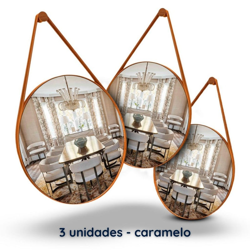 Espelho Redondo Decorativo Com Costura Para Parede Com Alça - 30 cm de diâmetro