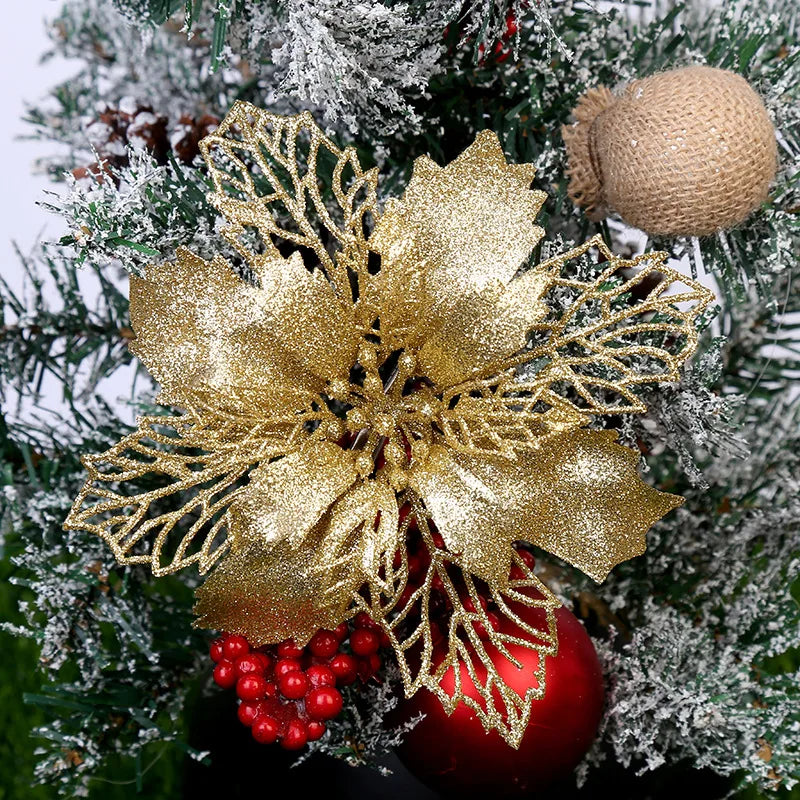 Flores Decorativas de Natal com Glitter - Kit 10 Com Peças