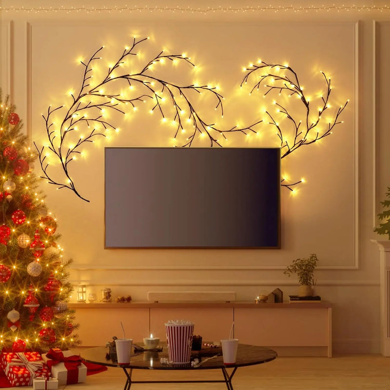 Luzes de Vime Flexíveis com 96 LEDs – Iluminação Decorativa de Árvore, 8 Modos, para Parede e Ambientes Internos/Externos