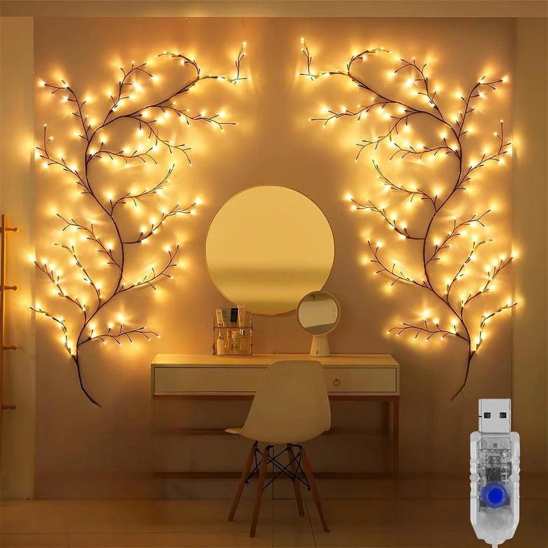 Luzes de Vime Flexíveis com 96 LEDs – Iluminação Decorativa de Árvore, 8 Modos, para Parede e Ambientes Internos/Externos